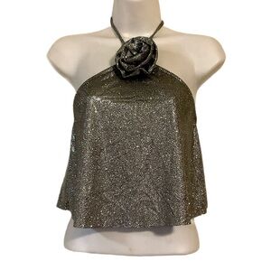 Fashion Nova Gray Sequin Halter Crop Top Vera Metallic Rosette Top - Silver